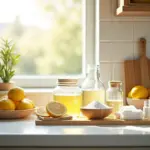 Чистая кухня с натуральными чистящими средствами и аксессуарами