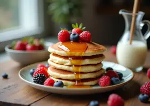 Пышные оладьи на кефире сервированные с медом и ягодами на тарелке