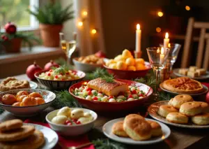 Праздничный стол с разнообразными бюджетными традиционными блюдами, украшенный свечами и праздничными элементами
