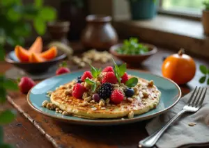 Овсяноблин с разнообразными начинками на кухонном столе с рецептами и кухонными принадлежностями