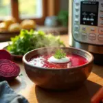 Традиционный русский борщ с сметаной и свежей зеленью рядом с современной мультиваркой на деревянном кухонном столе