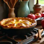 Яблочный пирог на сковороде в домашней кухне рядом с яблоками и палочками корицы