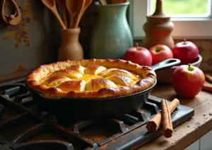 Яблочный пирог на сковороде в домашней кухне рядом с яблоками и палочками корицы