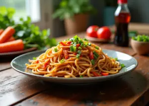 Тарелка китайской жареной лапши с овощами на кухонном столе с свежими ингредиентами