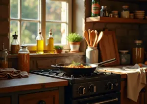 Чугунная сковорода на плите с едой, масла и инструменты для чистки на кухне