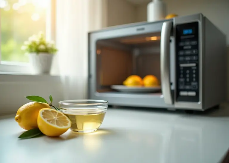 Чистая микроволновка с лимоном и уксусом на кухне