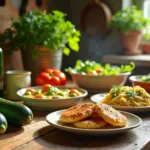 Свежие кабачки и разнообразные блюда из кабачков на кухонном столе