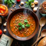 На деревянном столе тарелка с тёплым чечевичным рагу, вокруг — банки с сухой чечевицей разных сортов, овощи, хлеб и кухонные принадлежности, светлое уютное освещение