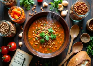 На деревянном столе тарелка с тёплым чечевичным рагу, вокруг — банки с сухой чечевицей разных сортов, овощи, хлеб и кухонные принадлежности, светлое уютное освещение