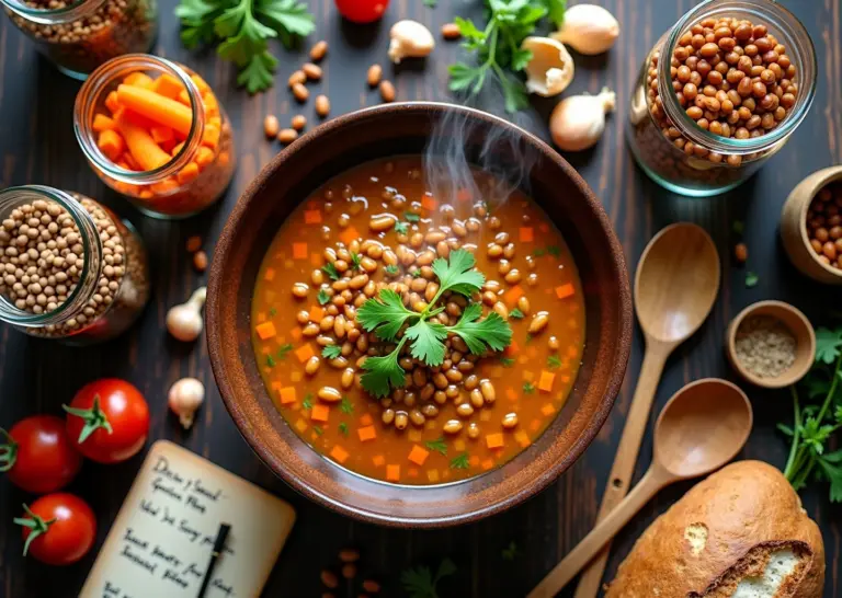 На деревянном столе тарелка с тёплым чечевичным рагу, вокруг — банки с сухой чечевицей разных сортов, овощи, хлеб и кухонные принадлежности, светлое уютное освещение