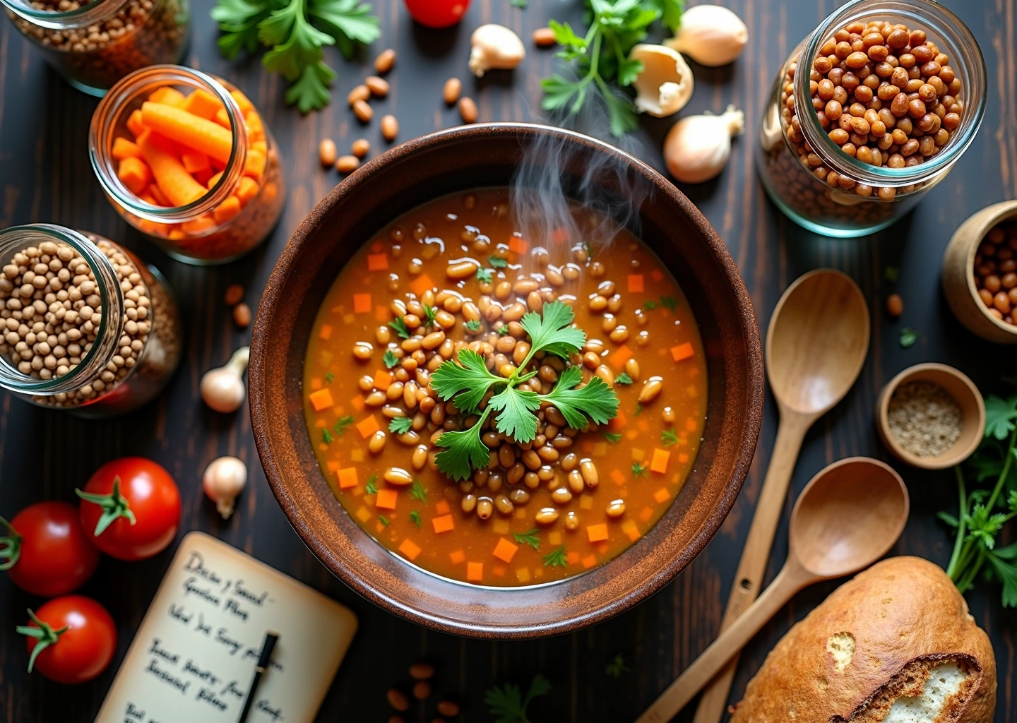 На деревянном столе тарелка с тёплым чечевичным рагу, вокруг — банки с сухой чечевицей разных сортов, овощи, хлеб и кухонные принадлежности, светлое уютное освещение