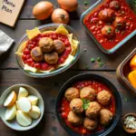 Разнообразные недорогие блюда из фарша на кухонном столе с контейнерами для заморозки и записной книжкой с планом меню