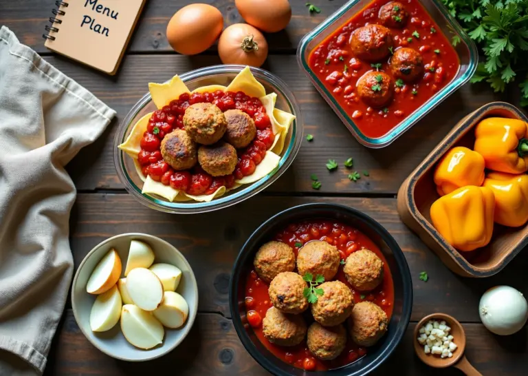 Разнообразные недорогие блюда из фарша на кухонном столе с контейнерами для заморозки и записной книжкой с планом меню