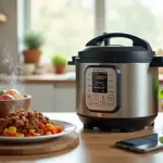 Мультиварка на кухонном столе с готовым блюдом, смартфон с рецептом и ценником — семейная кухонная сцена