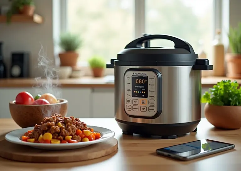 Мультиварка на кухонном столе с готовым блюдом, смартфон с рецептом и ценником — семейная кухонная сцена
