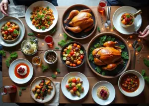 Тёплый новогодний стол 2026 с семью бюджетными блюдами, карточками рецептов и списком покупок в рублях 2025, готовый к празднику