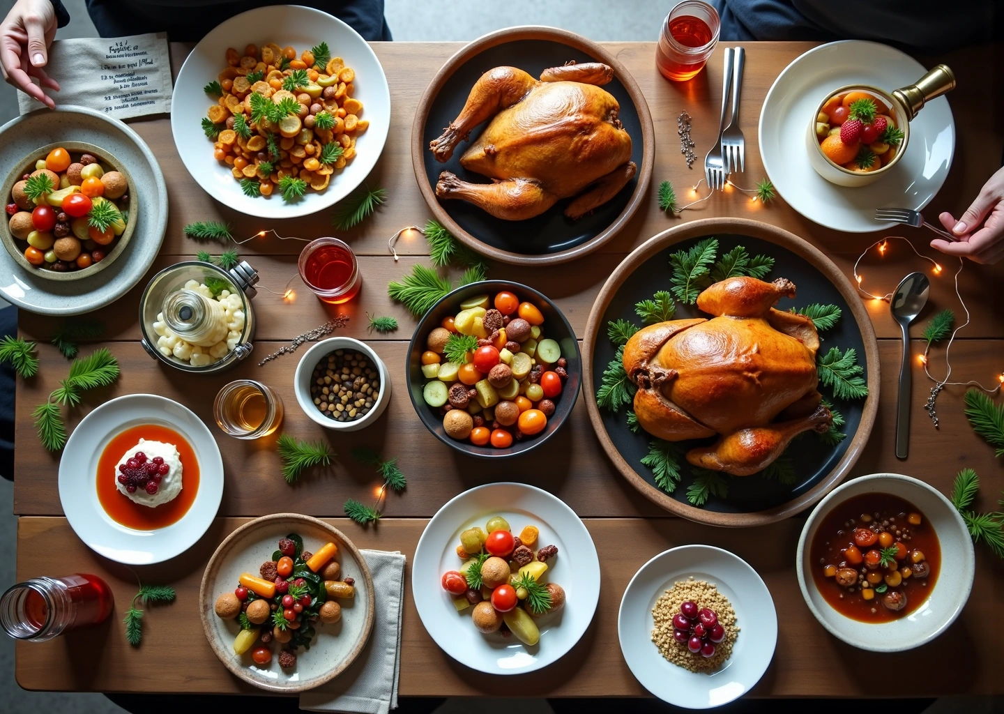 Тёплый новогодний стол 2026 с семью бюджетными блюдами, карточками рецептов и списком покупок в рублях 2025, готовый к празднику