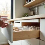 Компактная светлая кухня с организованными ящиками, прозрачными контейнерами и настенной рейлинг системой