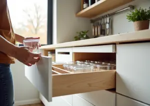 Компактная светлая кухня с организованными ящиками, прозрачными контейнерами и настенной рейлинг системой