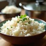 Порция рассыпчатого белого риса в миске на кухонном столе, рядом мерная чашка и кастрюля на фоне