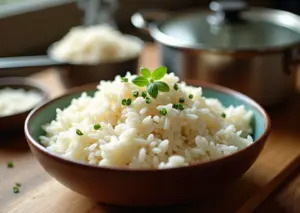 Порция рассыпчатого белого риса в миске на кухонном столе, рядом мерная чашка и кастрюля на фоне