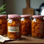 Стеклянные банки с домашней тушёнкой на деревянном столе, открытая банка показывает куски мяса, рядом скороварка и подписанные этикетки с датой