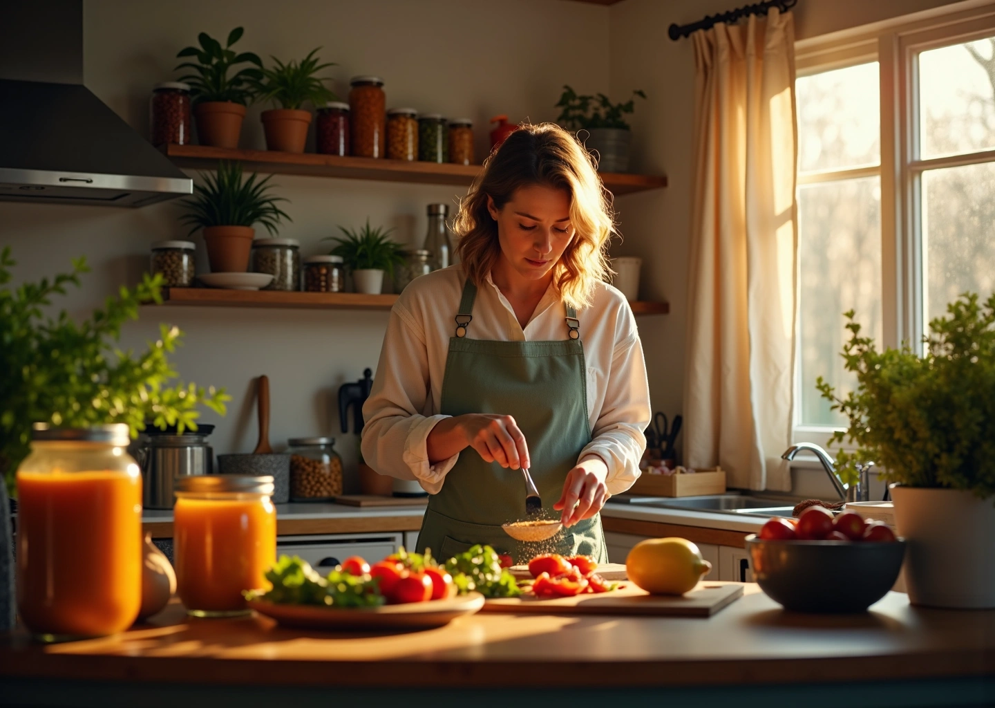 Уютная кухня с продуктами для экономных блюд, банками с запасами, кухонными принадлежностями и человеком, готовящим домашнее блюдо