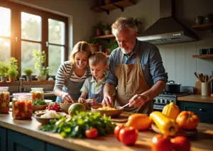уютная кухня с семьёй, готовящей экономные блюда и использующей кулинарные лайфхаки