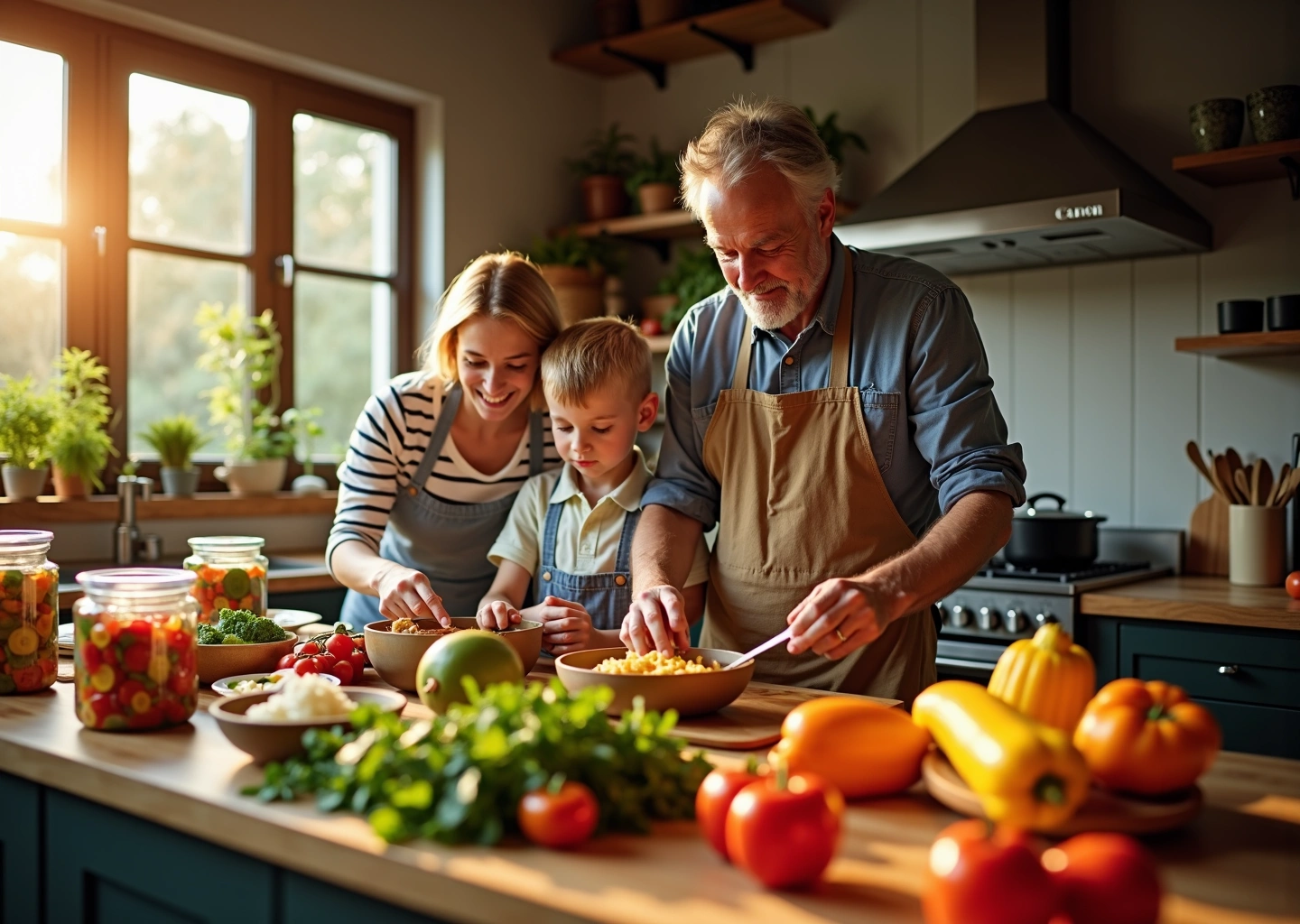 уютная кухня с семьёй, готовящей экономные блюда и использующей кулинарные лайфхаки