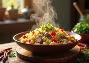 Рассыпчатый плов в глубокой миске на деревянном столе с приправами и кухонной утварью