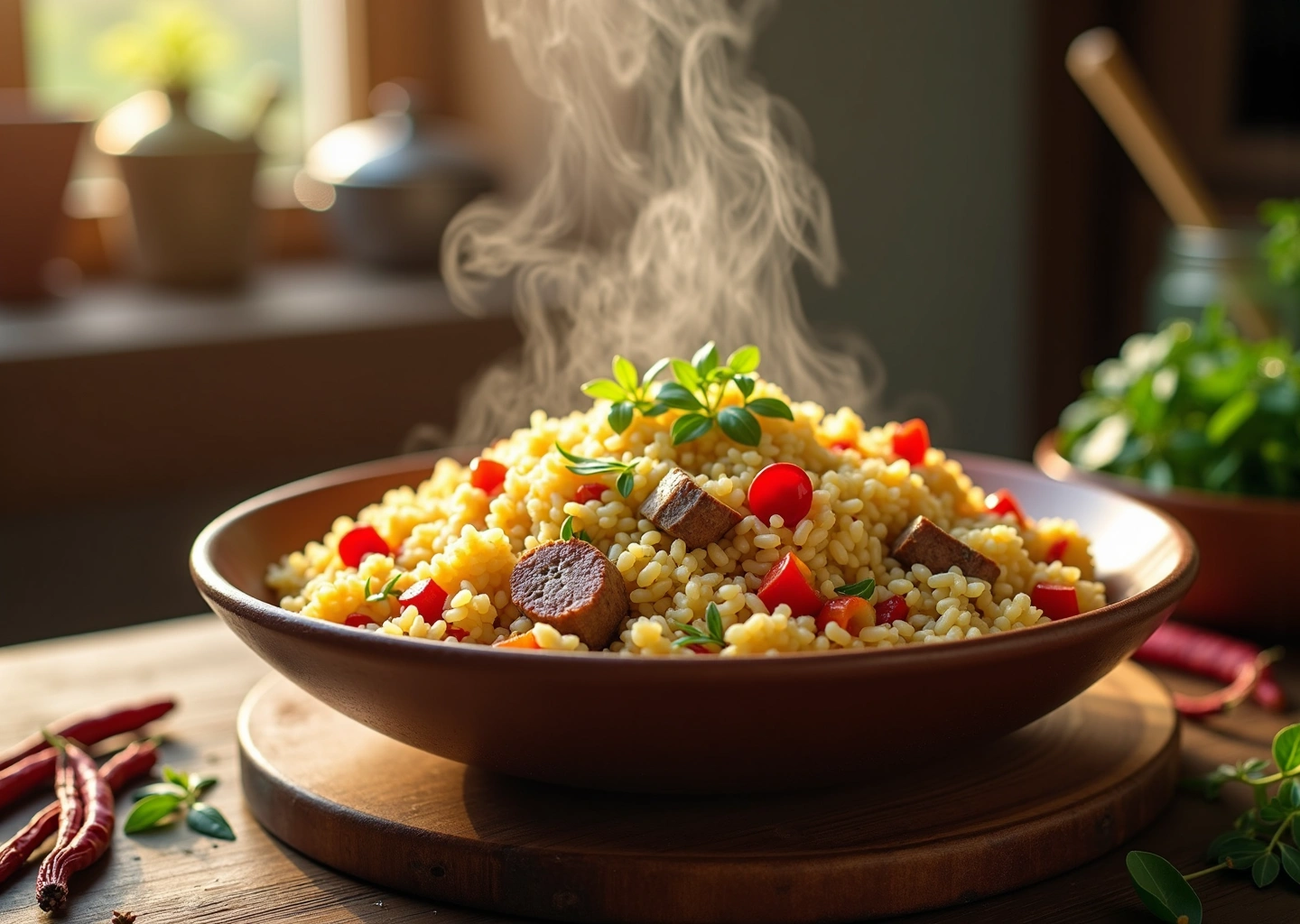 Рассыпчатый плов в глубокой миске на деревянном столе с приправами и кухонной утварью