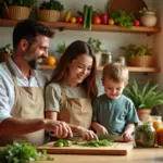 Уютная домашняя кухня с организованным хранением овощей, фруктов и консервов, семейное приготовление пищи, демонстрирующее практичные кулинарные лайфхаки