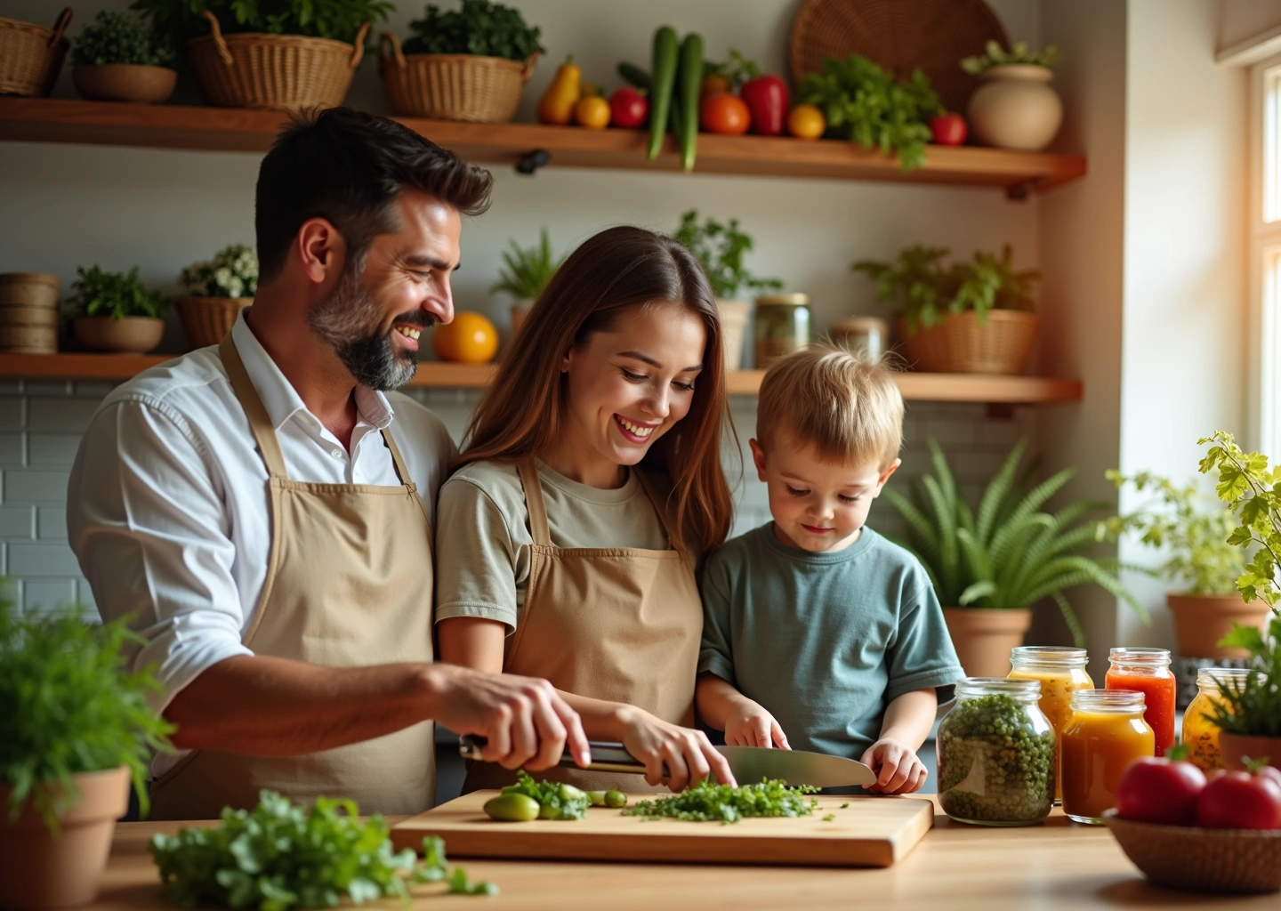 Уютная домашняя кухня с организованным хранением овощей, фруктов и консервов, семейное приготовление пищи, демонстрирующее практичные кулинарные лайфхаки