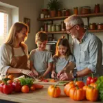 уютная домашняя кухня с овощами, банками с консервами, организованными полками и семьей, готовящей с кулинарными лайфхаками