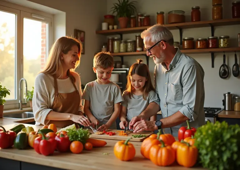 уютная домашняя кухня с овощами, банками с консервами, организованными полками и семьей, готовящей с кулинарными лайфхаками