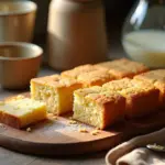 Пышный манник на кефире, разрезанный на куски, рядом бутылка кефира и простая кухонная посуда