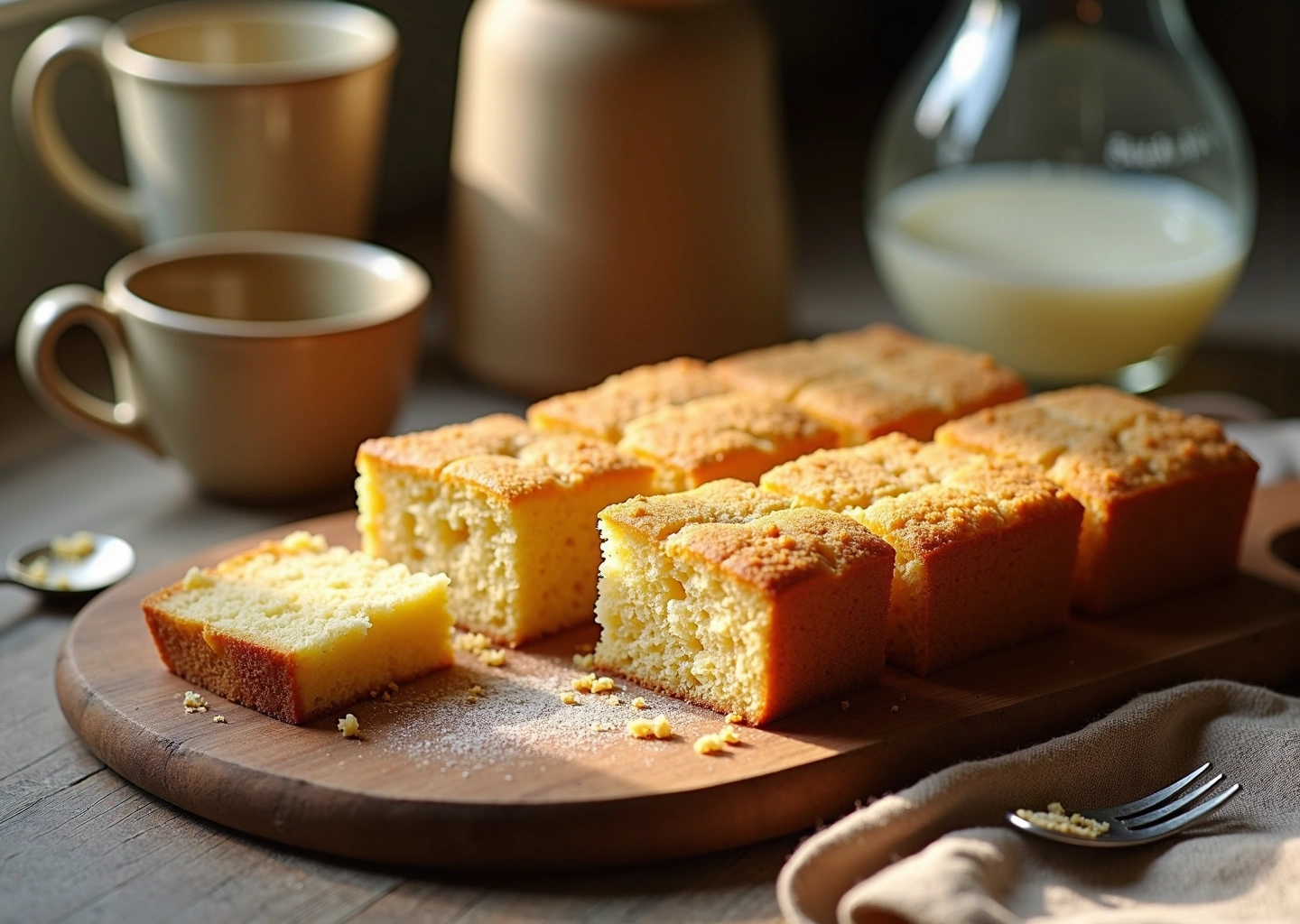 Пышный манник на кефире, разрезанный на куски, рядом бутылка кефира и простая кухонная посуда