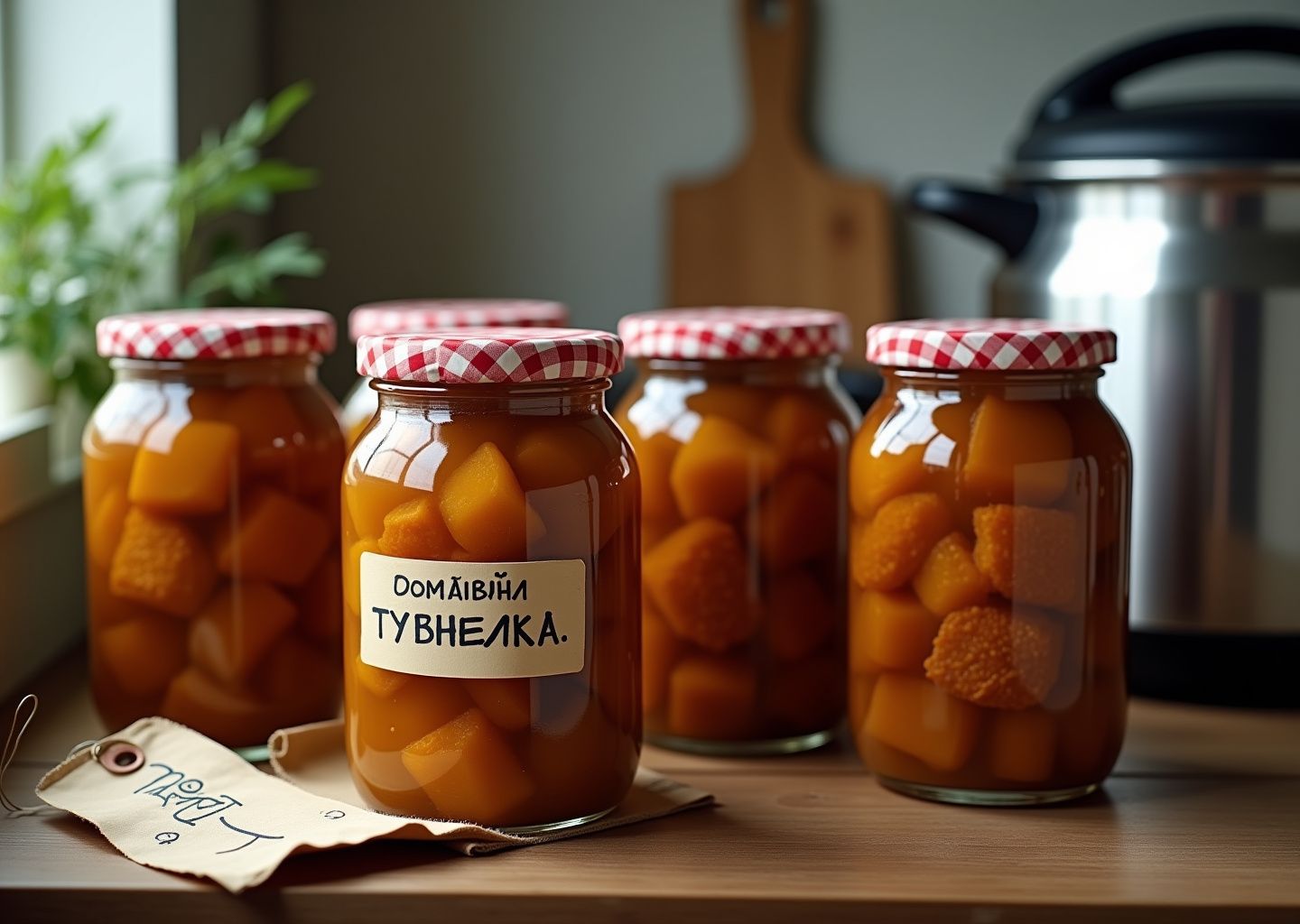 Стеклянные банки с домашней тушёнкой на деревянном столе, открытая банка показывает куски мяса, рядом скороварка и подписанные этикетки с датой
